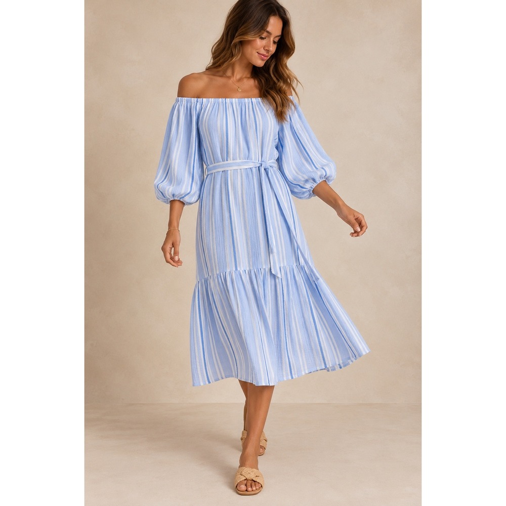 Tommy Bahama Island Gauze Striped Off Shoulder Midi Dress Blue White L